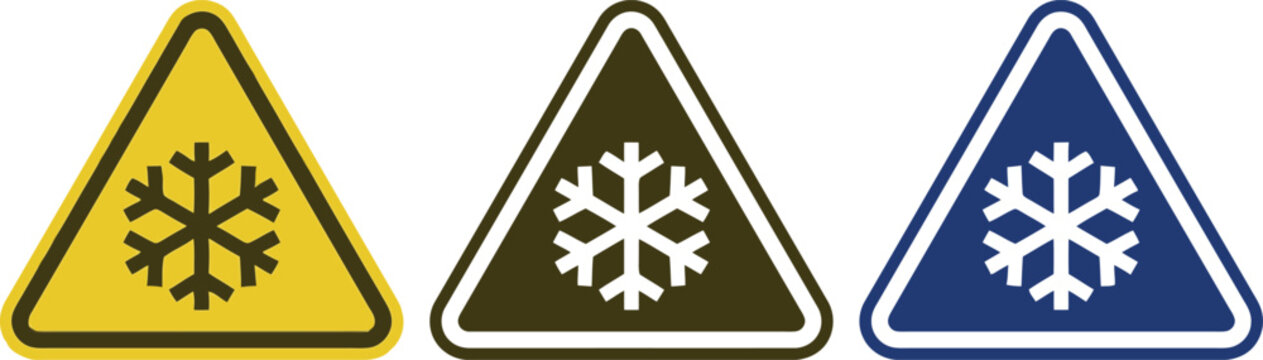 Snowflake warning signs featuring triangular caution symbols with icy winter weather icons isolated on a clean white background design element