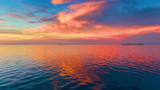 Aerial flight or captains boat POV over the calm ocean into the tropical summer sunset with orange and red clouds