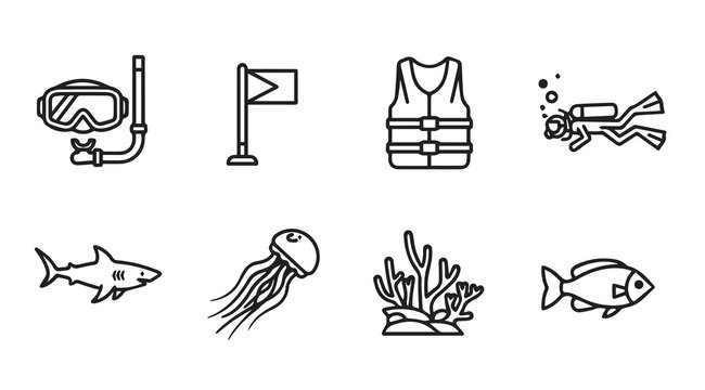 Underwater adventure icons with scuba diver shark jellyfish and coral in clean flat style