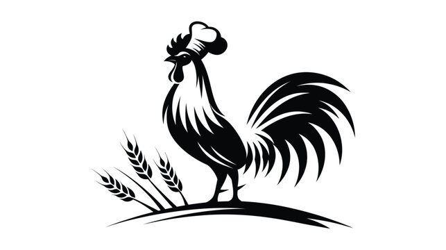 Rooster silhouette icon with chef hat standing on hill with wheat