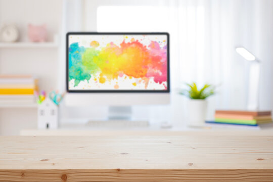 Wooden table top and blurred classroom interior with computer and books