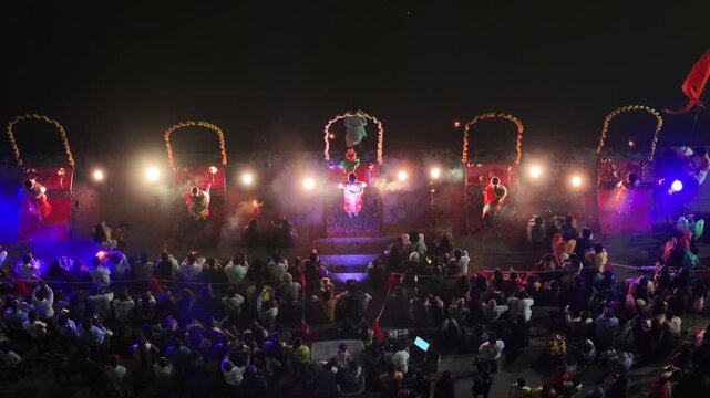Aerial Night View of Ganga Aarti at Ramkund Ghat Nashik Maharashtra India