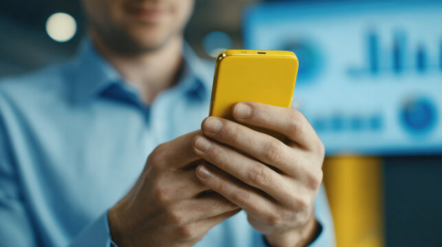 Close-up of a business professional using a yellow smartphone with financial charts displayed in the background. Modern fintech and mobile banking concept representing digital payments, financial mana