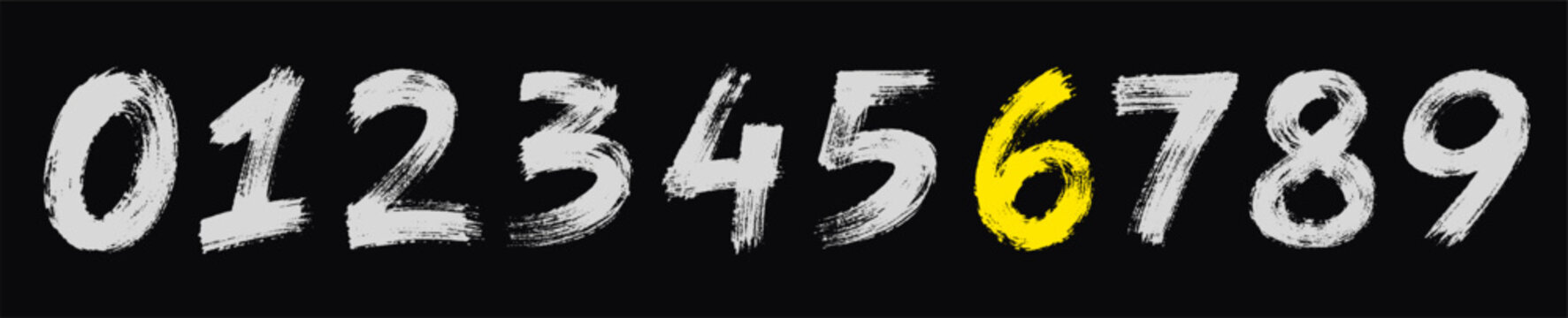 Handwritten numbers from 0 to 9 with the number 6 highlighted in yellow, set against a dark textured background. A creative graphic resource for educational or conceptual design purposes.