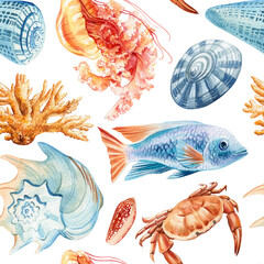 watercolor marine life seamless pattern with blue fish crab jellyfish coral shells and ocean animals on white background © Hanna