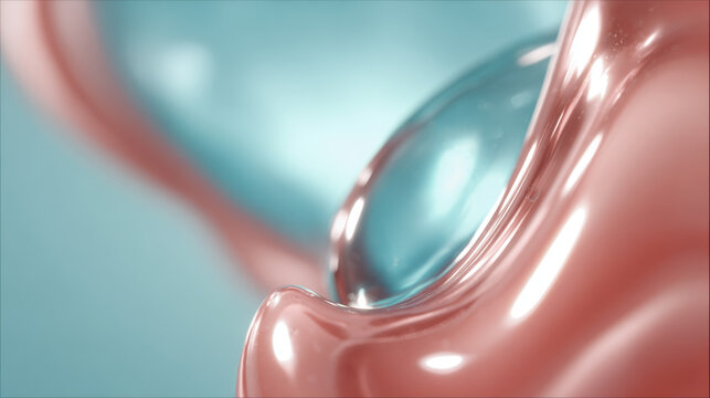 Elegant abstract cosmetic fluid composition with soft coral and turquoise tones. Macro beauty texture showcasing premium skincare ingredients, hydration and modern wellness aesthetics. Perfect for cos