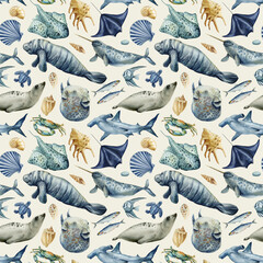 manatee narwhal stingray watercolor seamless pattern with seal turtle shark fish shells and ocean animals © Hanna