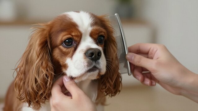 A close-up of a person gently combing a Cavalier King Charles Spaniel with long brown and white fur, soft focus background.