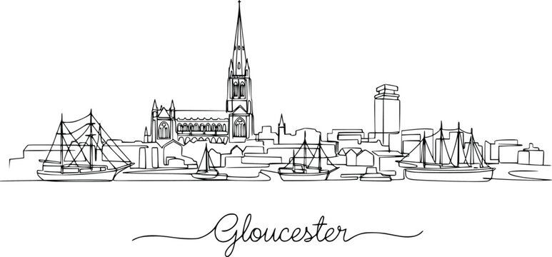 Gloucester Skyline Continuous One Line Drawing with Gloucester Cathedral and Historic Harbor Hand Drawn Vector Illustration