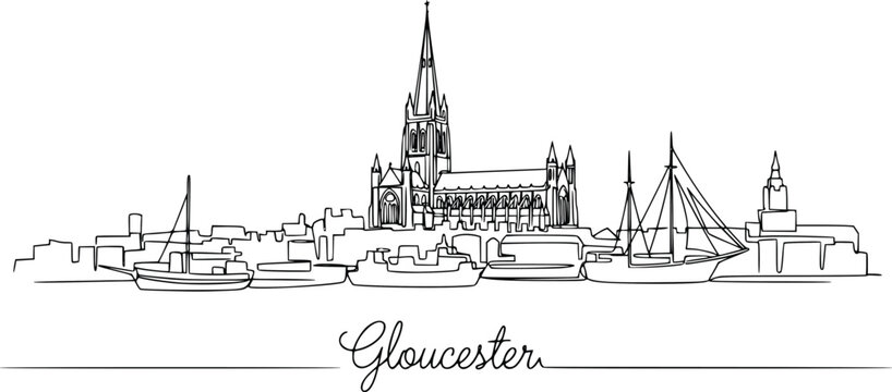 Gloucester England Waterfront Skyline Continuous One Line Drawing with Gloucester Cathedral and Historic Harbor Hand Drawn Vector Illustration