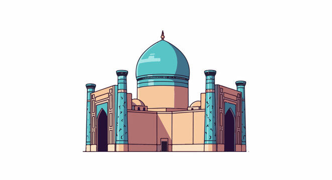 Pixel art illustration of a majestic building with a central dome and four flanking towers