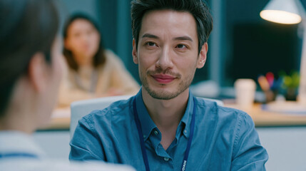 Fototapeta premium Thoughtful Asian man in casual blue shirt posing in a modern office space