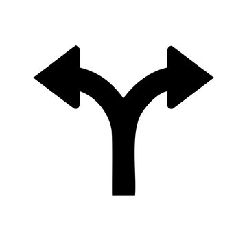 Black split arrow road sign icon - Minimalist vector icon showing two arrows splitting directions for road signs and navigation.