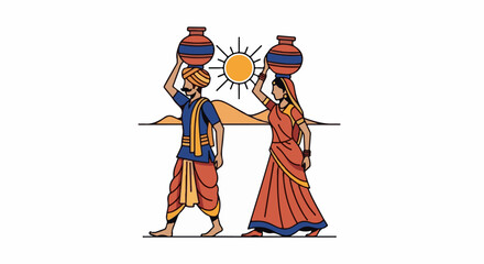 Obraz premium Couple carrying water pots under the sun in a desert landscape