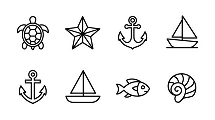 Nautical icon set featuring turtle starfish anchor sailboat fish and seashell in clean line art vector style © MstMaya