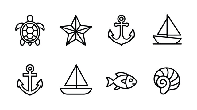 Nautical icon set featuring turtle starfish anchor sailboat fish and seashell in clean line art vector style