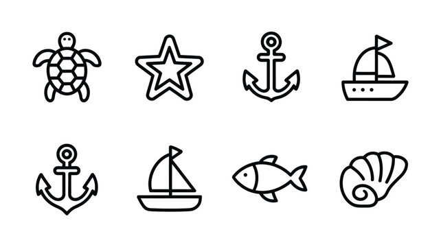 Marine themed vector icon collection with nautical symbols including anchor sailboat starfish turtle fish and seashell outlines