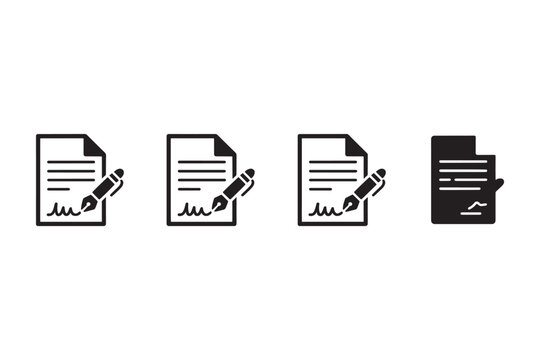 Four black representing a document with lines of text and a pen signing it in various styles on a white background illustrating the concept of signing contracts agreements or important paperwork