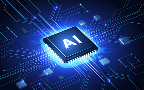 AI Processor Circuit Board: A close-up view of a glowing AI processor chip, representing artificial intelligence, set against a backdrop of complex blue circuitry.