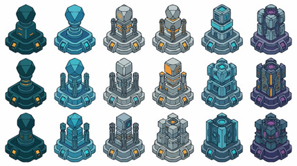 Set of isometric fantasy game towers and defensive structures for strategy games. © Janji