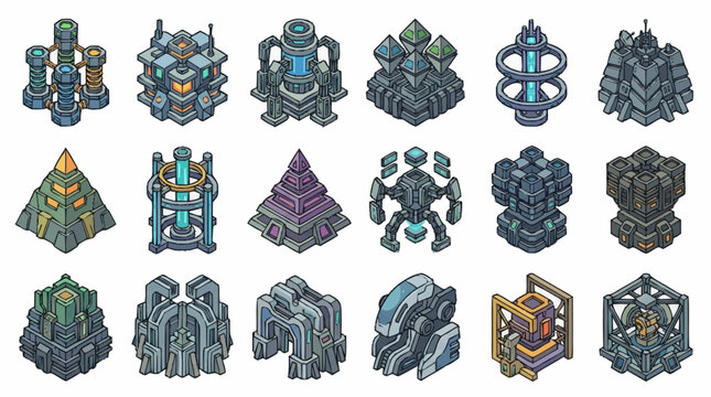 Set of isometric sci-fi buildings and futuristic structures for strategy games.