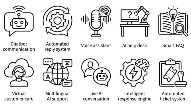 AI Customer Support and Chatbot Service Icon Set for Automated Business Communication and Intelligent Virtual Assistance