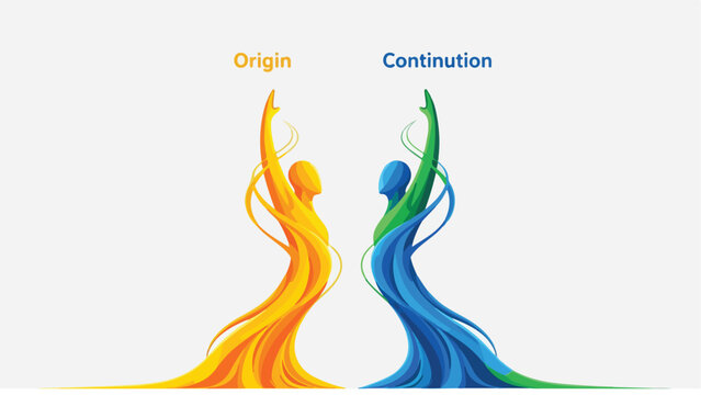 Dynamic abstract illustration of two human-like figures symbolizing 'Origin' and 'Continuation', representing growth, evolution, and progress.