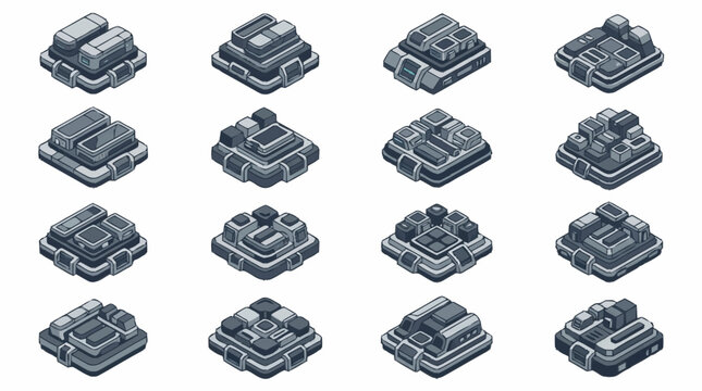 Set of isometric futuristic sci-fi building modules for game development and digital design.