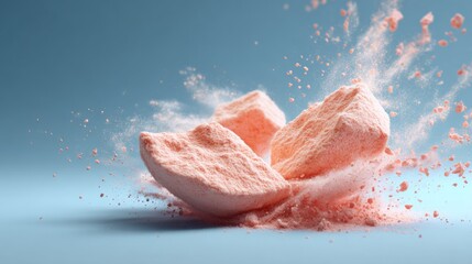 Fototapeta premium Exploding Pink Powder Makeup Texture on Blue Background