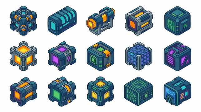 Set of isometric sci-fi loot boxes and futuristic containers for video games.