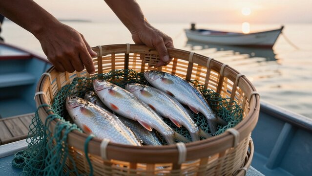 Close-up of a fisherman's hands holding a woven basket filled with freshly caught silver fish on a boat at sunset.