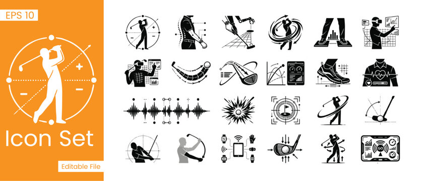 Smart Golf Swing Analysis and Player Biometrics Glyph Icon Set