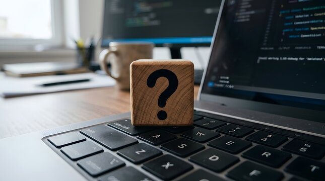 Question mark cube on laptop keyboard representing problem solving, uncertainty, coding issues and tech support concept