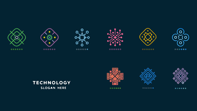 Geometric technology logos colorful vector illustrations on a dark background