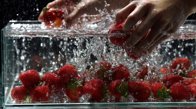 Fresh Strawberries Splashing in Water Tank