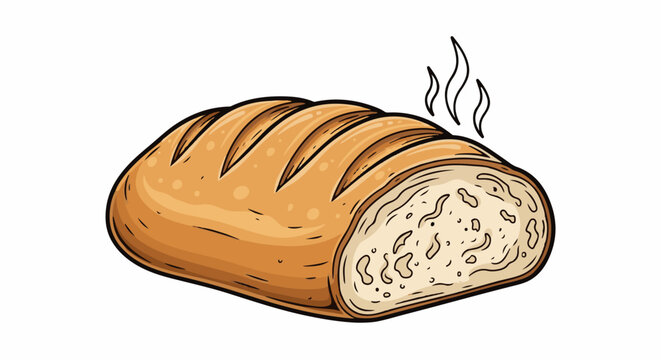 A cartoon drawing of a sliced, golden-brown loaf of bread with steam rising
