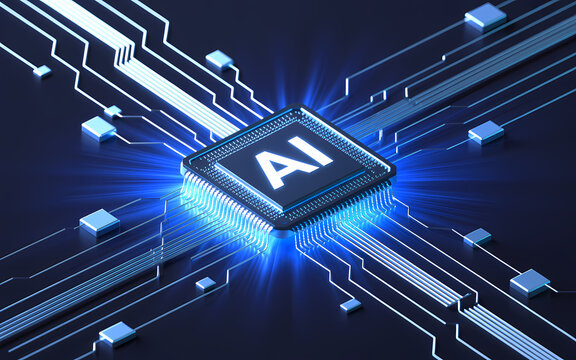 AI Microchip: A cutting-edge AI microchip glows with bright blue energy, signifying the future of technology and artificial intelligence.