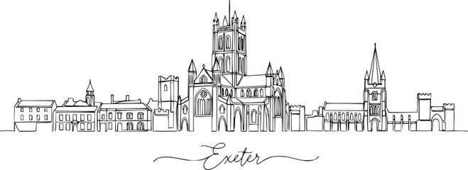 Fototapeta premium Exeter Cathedral Skyline Continuous One Line Drawing Hand Drawn Vector Illustration of Historic Exeter England