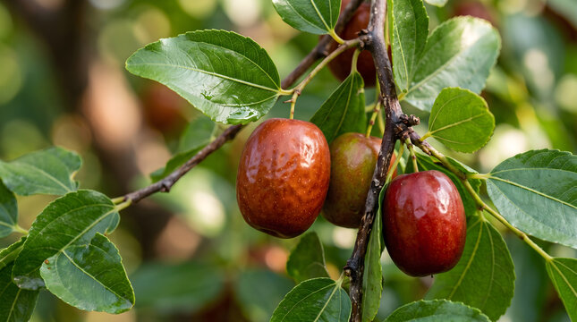 Ripe jujube fruits hanging on a branch in a garden