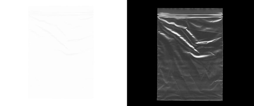 Transparent plastic bag texture on black background, wrinkled polyethylene zip pocket mockup, clear synthetic wrap material for product packaging design