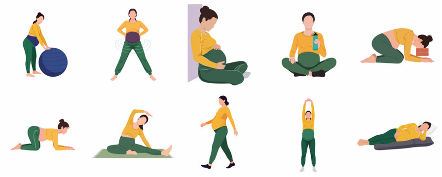 Pregnant woman exercising set, prenatal yoga poses and fitness activities illustrations, healthy maternity lifestyle icons collection