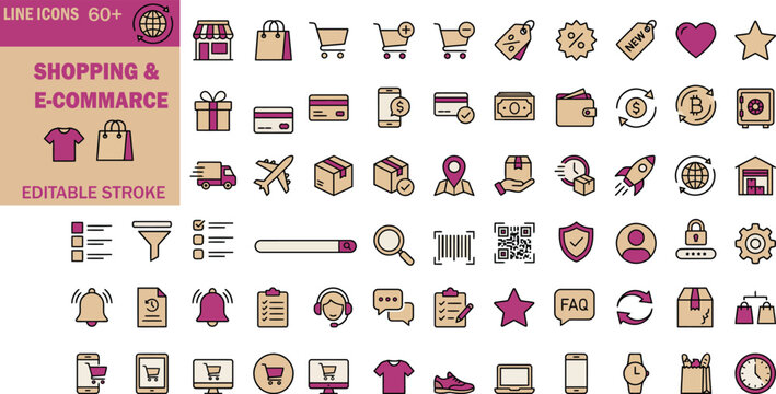 Shopping e commerce line icons set 60 editable stroke vector graphics