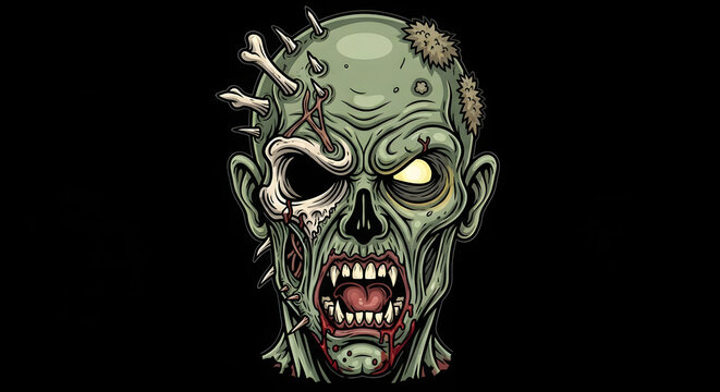 Scary zombie monster face logo design with decayed skull for horror marketing on dark background