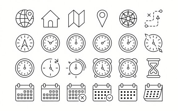 Time and Navigation Icons: A collection of simple line art icons representing timekeeping devices, navigation tools, and planning elements, ideal for digital interfaces and informational graphics.