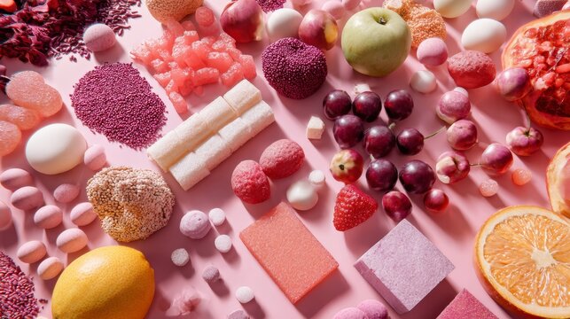 Pink flat lay with fruit candy and beauty textures