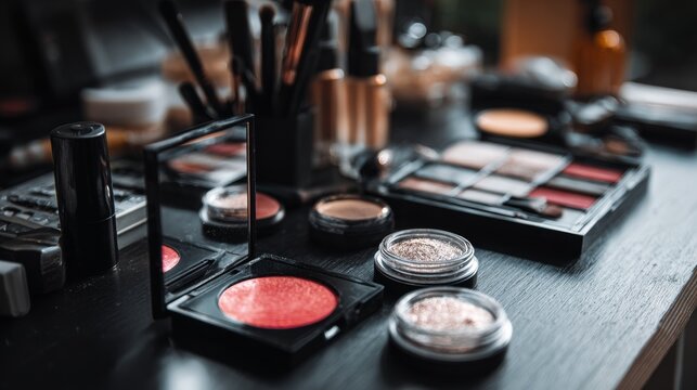 Professional makeup products on dark vanity table