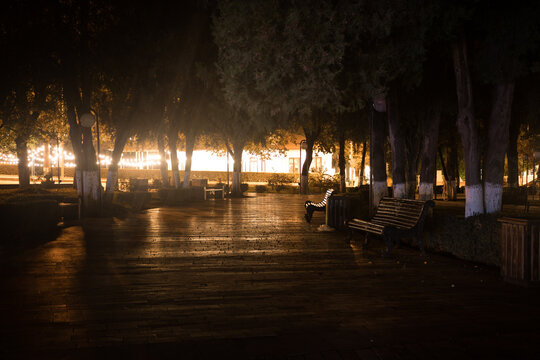 Abandoned City Streets at Night. Nobody at buildings.