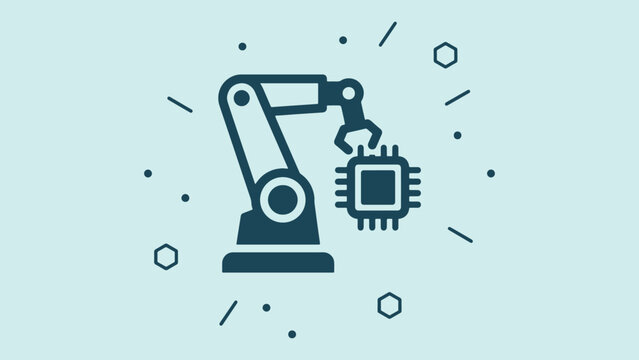 Industrial robotic arm handling a computer microchip in this modern flat style vector graphic illustration