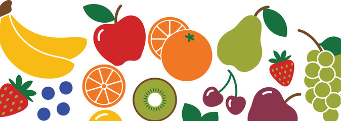 Obraz premium Flat lay illustration of various fresh fruits including apples bananas and oranges for design