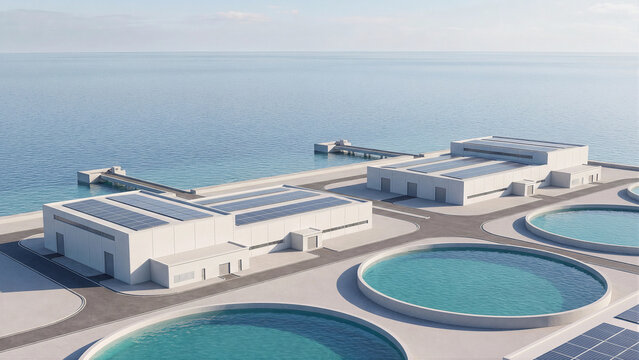 Solar Powered Coastal Desalination Plant With Circular Treatment Pools, White Industrial Buildings, Rooftop Solar Panels, and Ocean Frontage for Sustainable Clean Water Supply